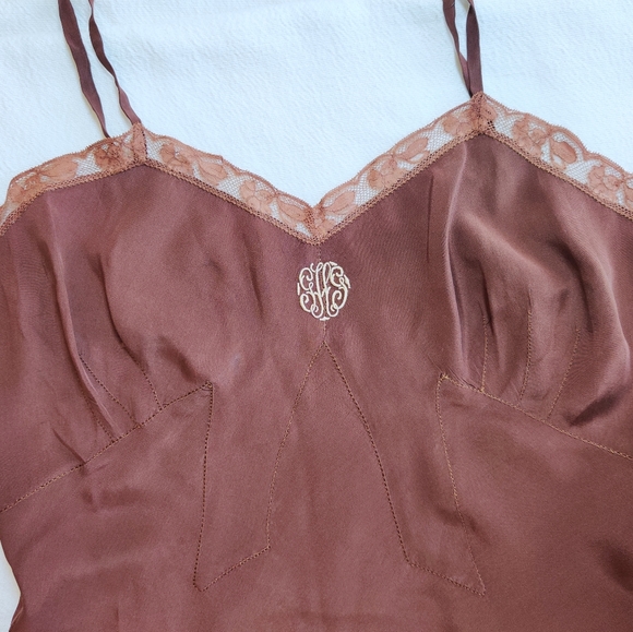 Vintage 1930-40s Art Deco Brown Bias Cut Silk/Lace Slip Dress - Picture 3 of 12